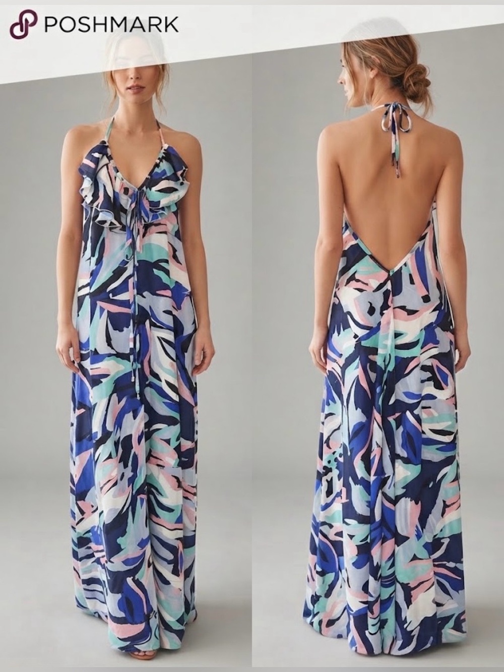 Yumi Kim Abstract Ruffle Maxi Dress in Blue & Pink, S